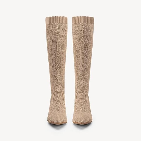 Knee High Kitten Heel Boots with Pointed Toes and Faux Knit Texture - Picture 4 of 10